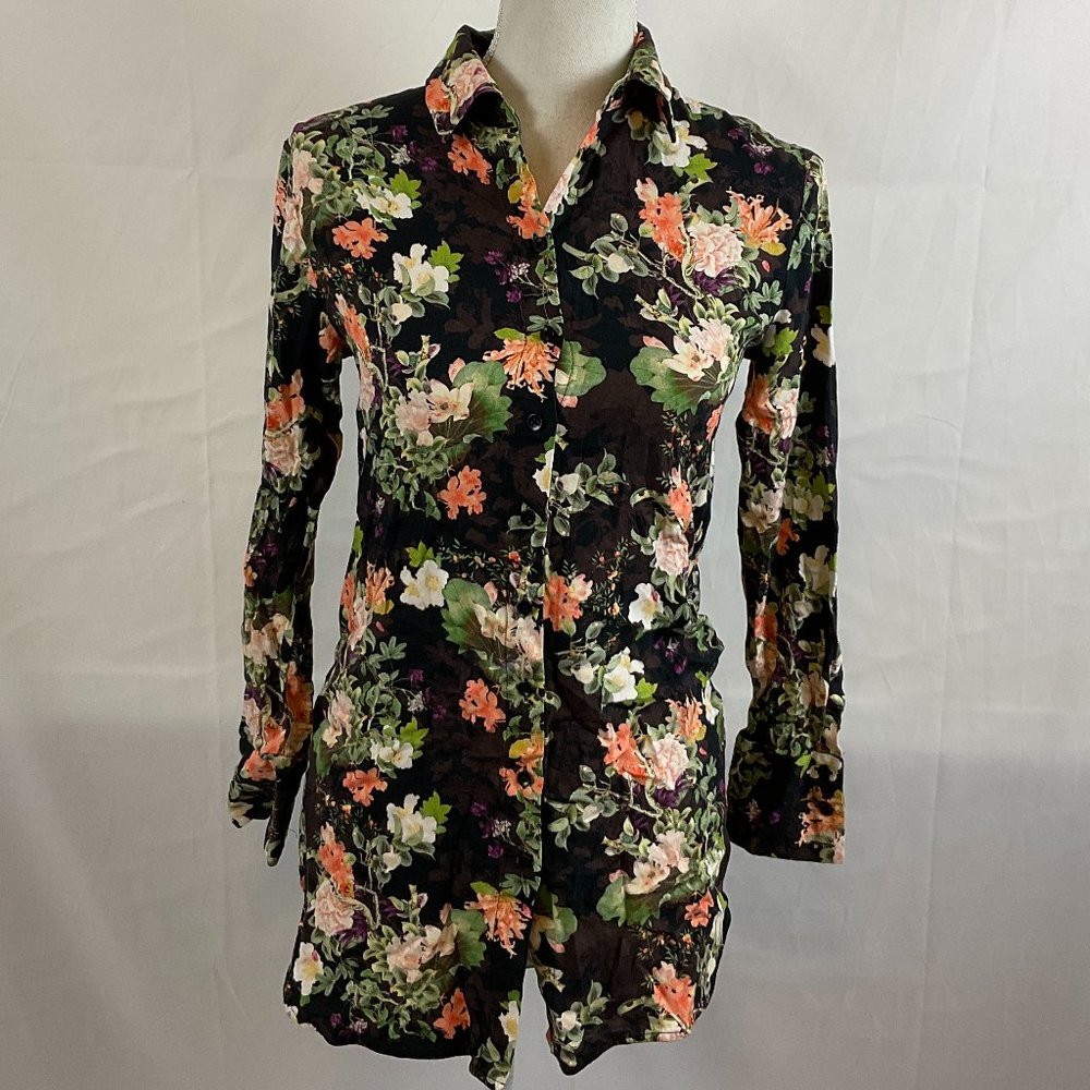 Alice + Olivia Blouse XS Black Green Pink White Floral Button Front Long Sleeve
